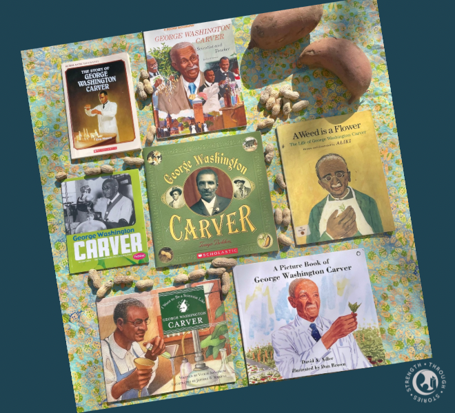 Books about George Washington Carver with peanuts and sweet potatoes on a flowered cloth